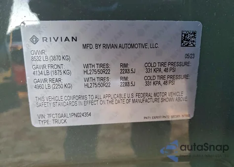 2023 Rivian R1T Launch Edition from USA, damaged, VIN 7FCTGAAL1PN024354